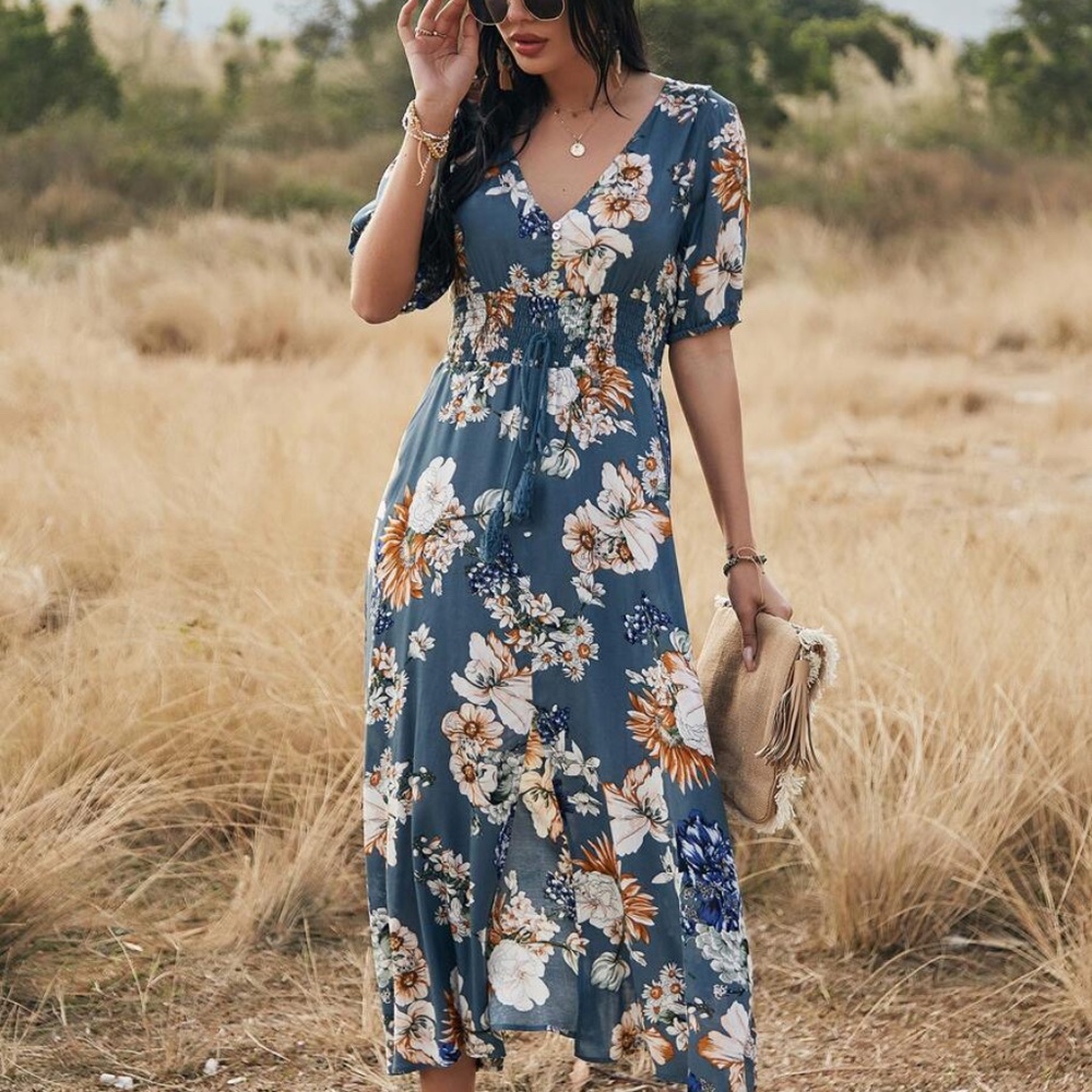 boho floral print vneck slit black midi dress Blue - Picture 7 of 11